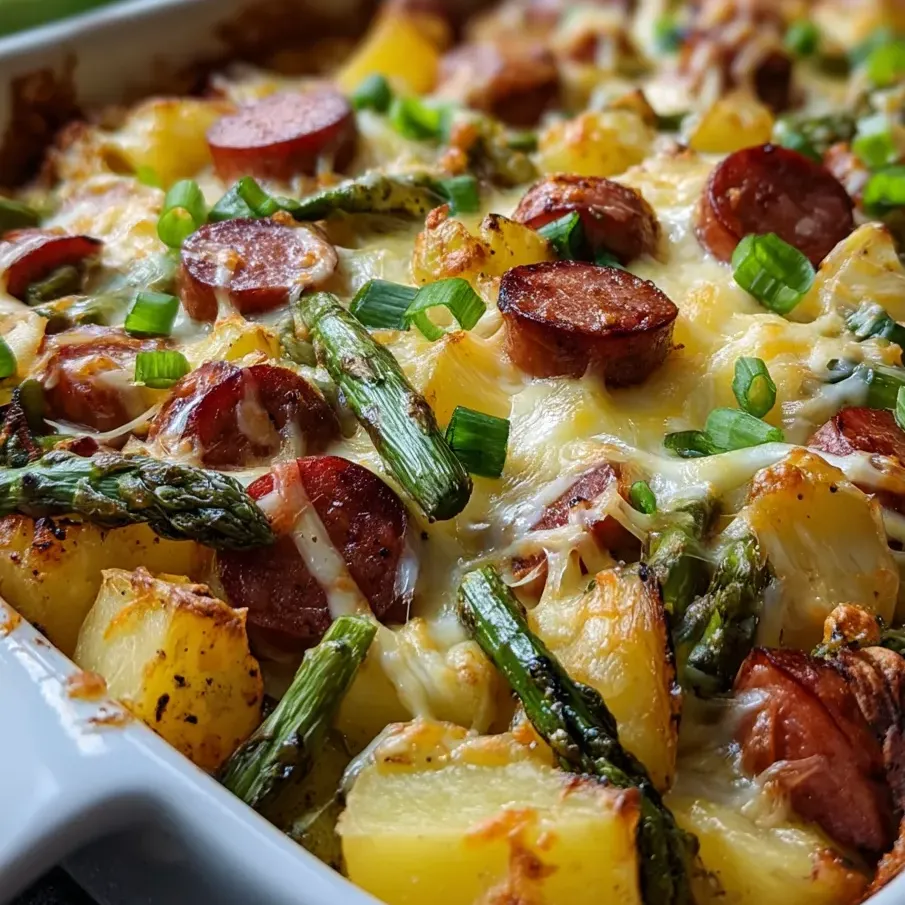 Ein Auflauf mit Wurst, Kartoffeln und grünem Spargel.