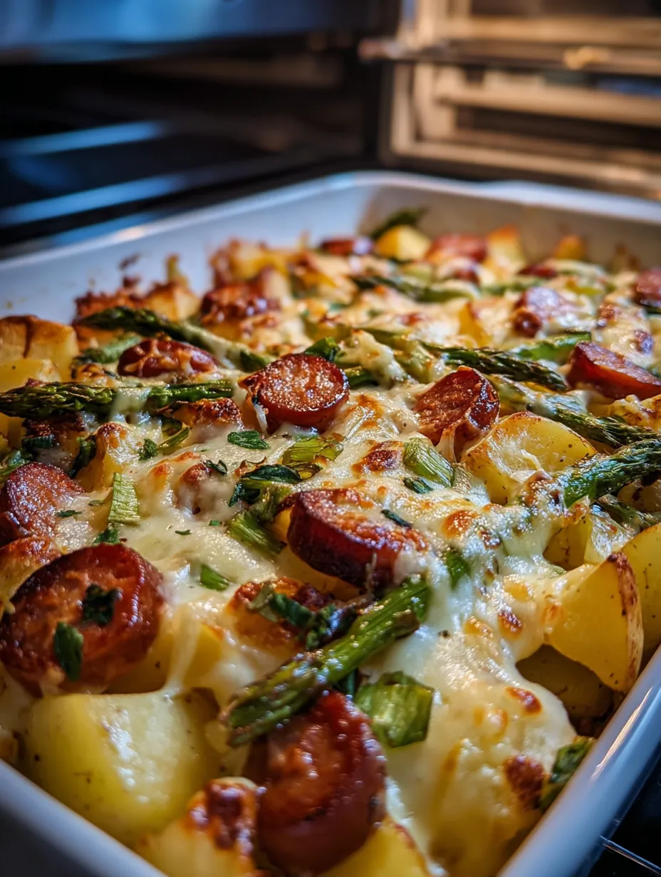 Ein Ofengericht mit Kartoffeln, Spargel und Wurst.