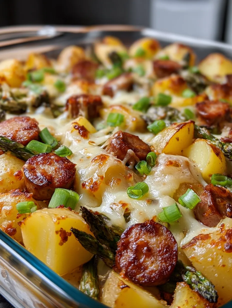 Ein Auflauf mit Kartoffeln, Spargel und Wurst.