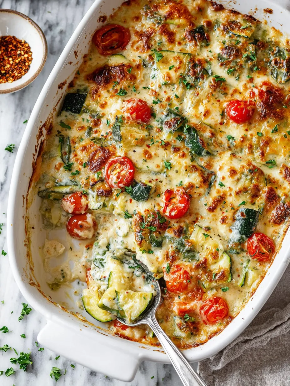 Ein Auflauf mit Tomaten, Zucchini und viel Käse.
