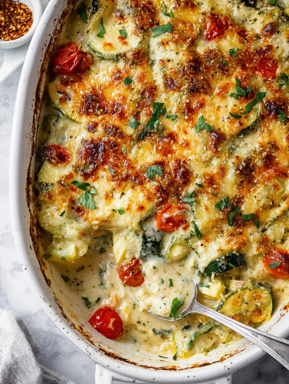 Eine Auflaufform mit Löffel voller Gemüse und Käse.