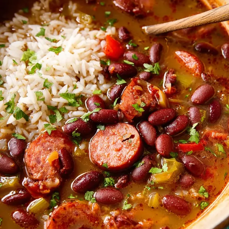Eine Schüssel mit Suppe, Reis und Bohnen.