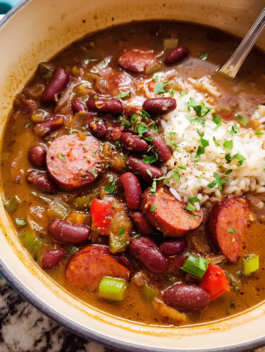 Eine Schüssel Eintopf mit Wurst und Bohnen.
