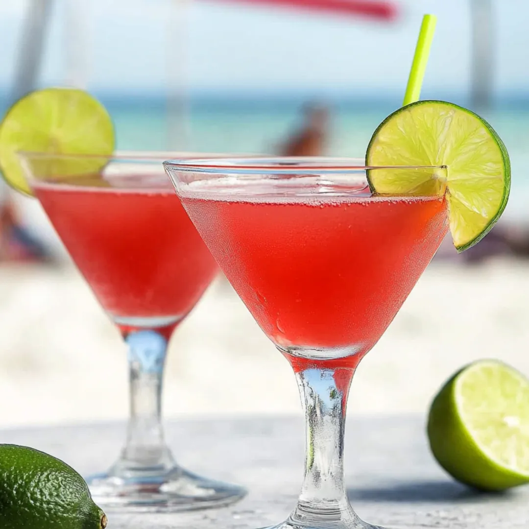 Zwei Gläser mit pinkfarbenem Drink und Limetten daneben.