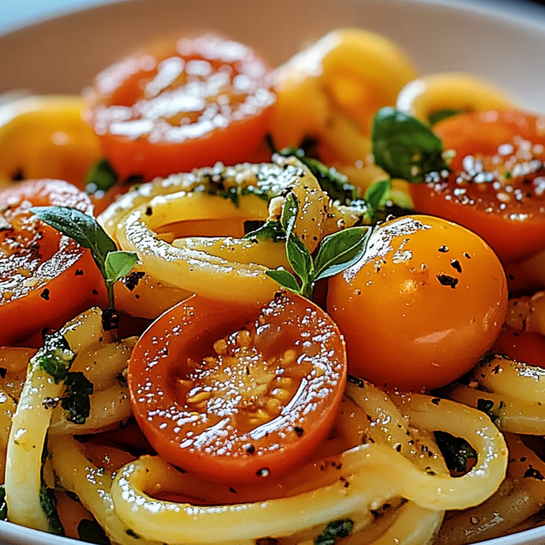Eine Schale Pasta mit Tomaten und Basilikum.