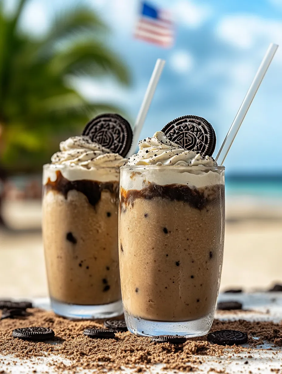 Zwei Gläser mit cremigen Shakes und Oreo-Keksen obendrauf.