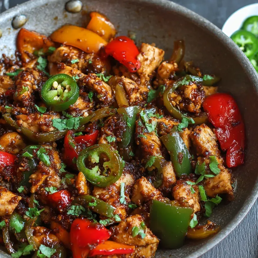 Eine Pfanne mit Paprika und Zwiebeln.