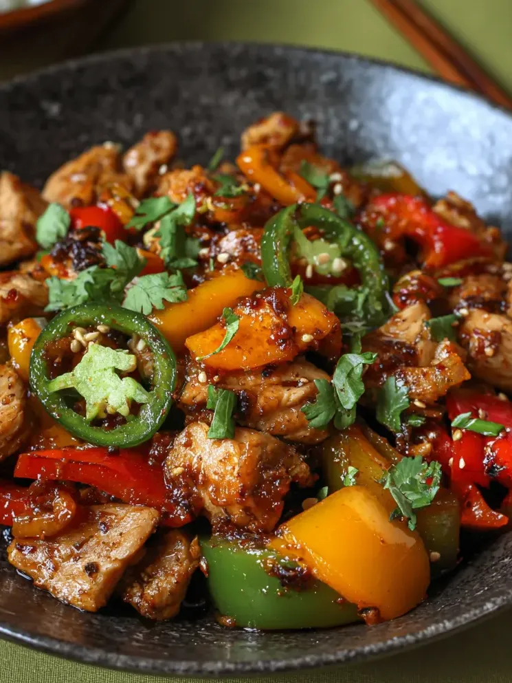 Eine Schüssel mit Paprika und Hähnchen.