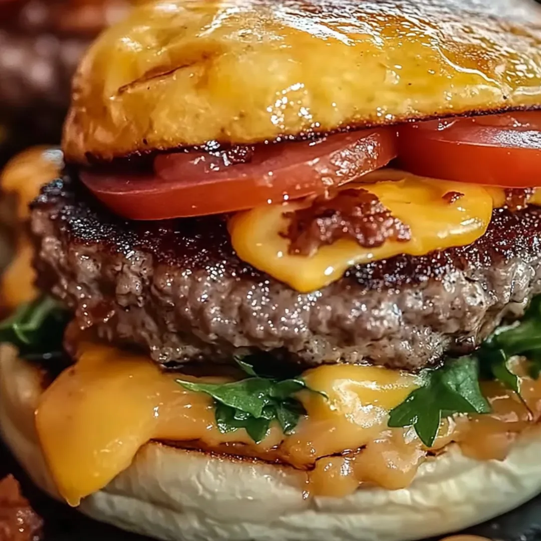 Ein Burger mit Käse und Tomate.