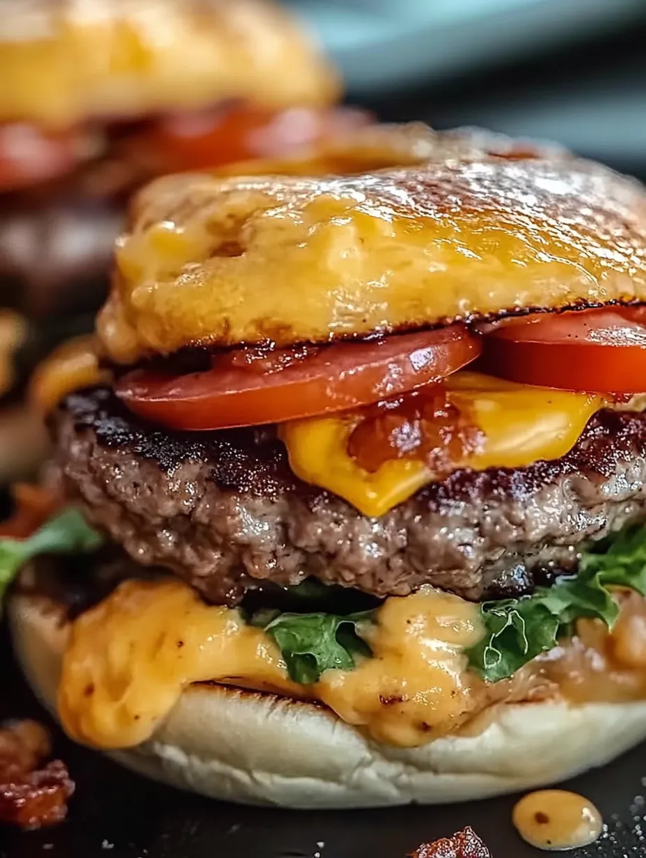 Nahaufnahme von einem Cheeseburger mit Tomate und Bacon.