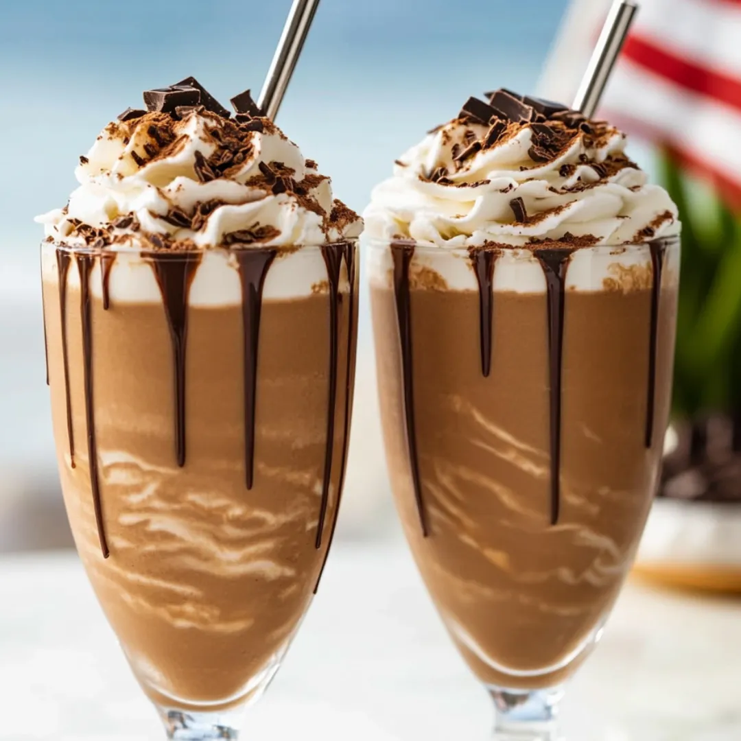 Zwei Schoko-Milchshakes mit Sahne obendrauf.