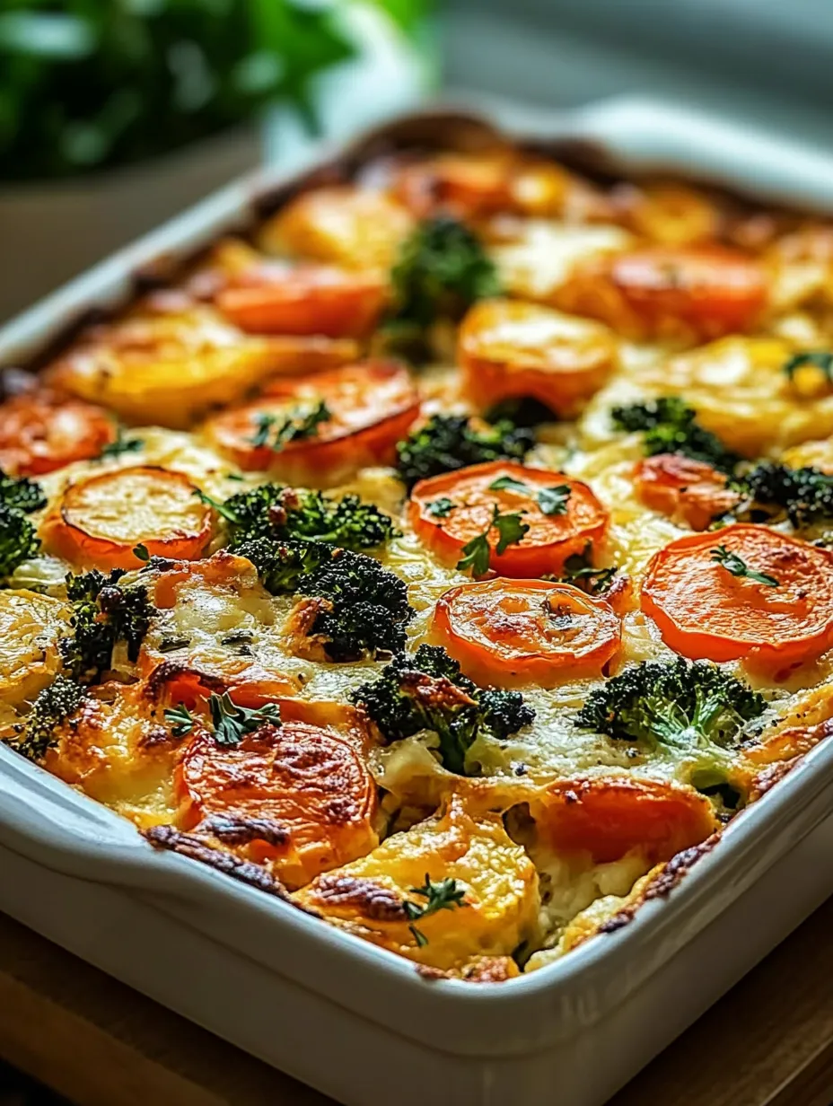 Eine Auflaufform mit Brokkoli und Möhren.