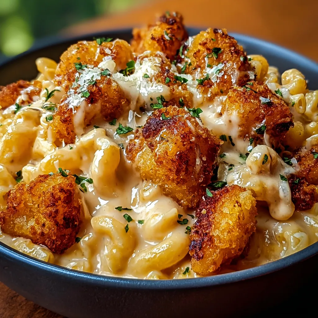 Eine Schale mit Mac and Cheese und Hähnchen.