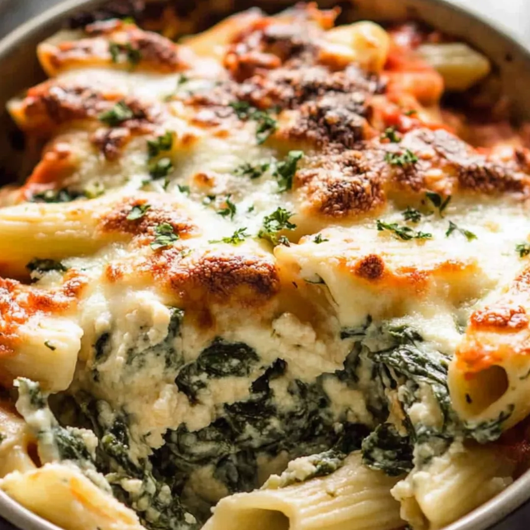 Eine Schüssel Pasta mit geschmolzenem Käse und Spinat.