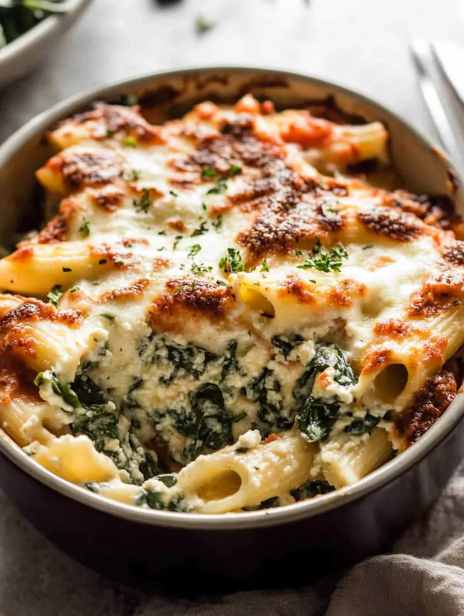 Eine Schüssel Pasta mit Käse und Spinat.