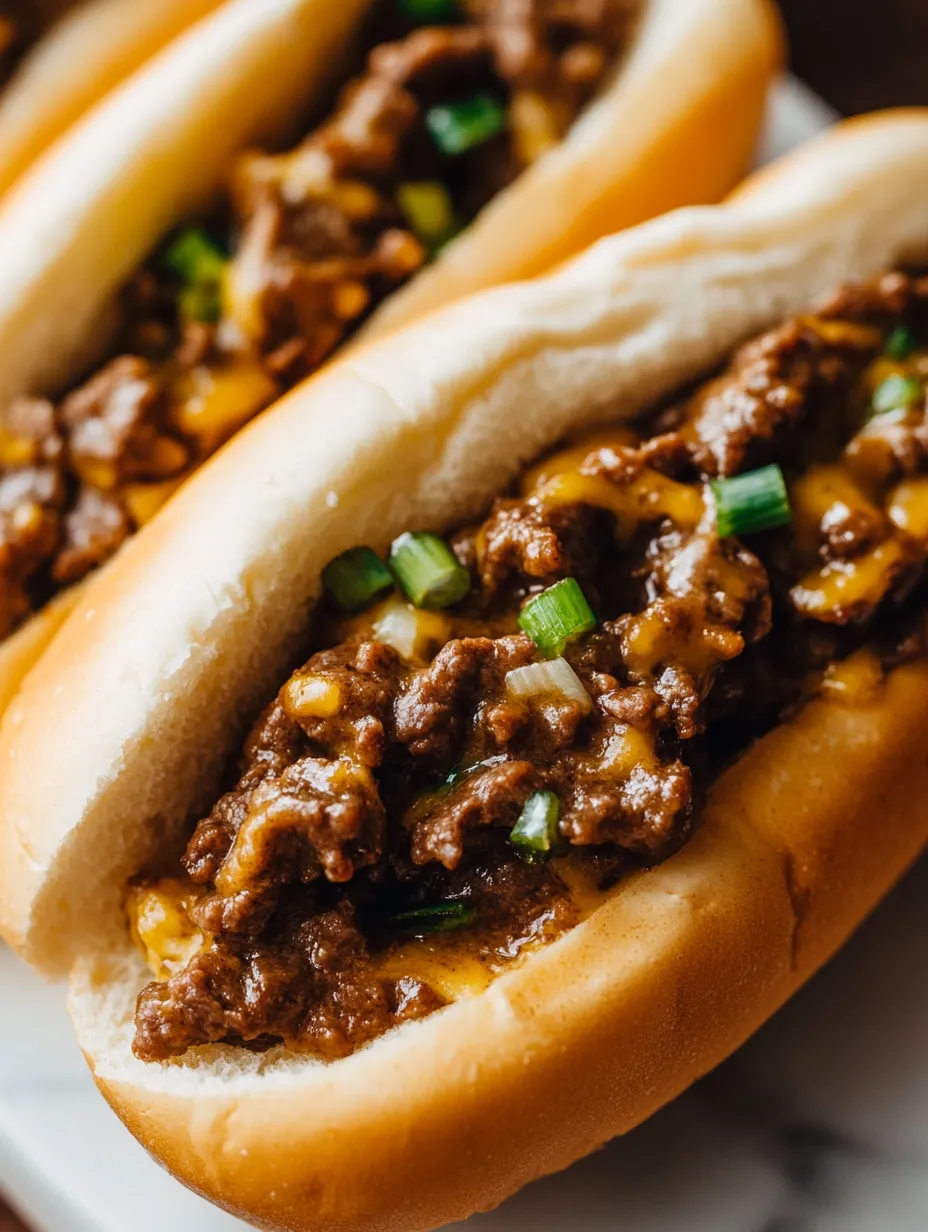 Zwei Chili-Käse-Hotdogs auf einem weißen Teller.