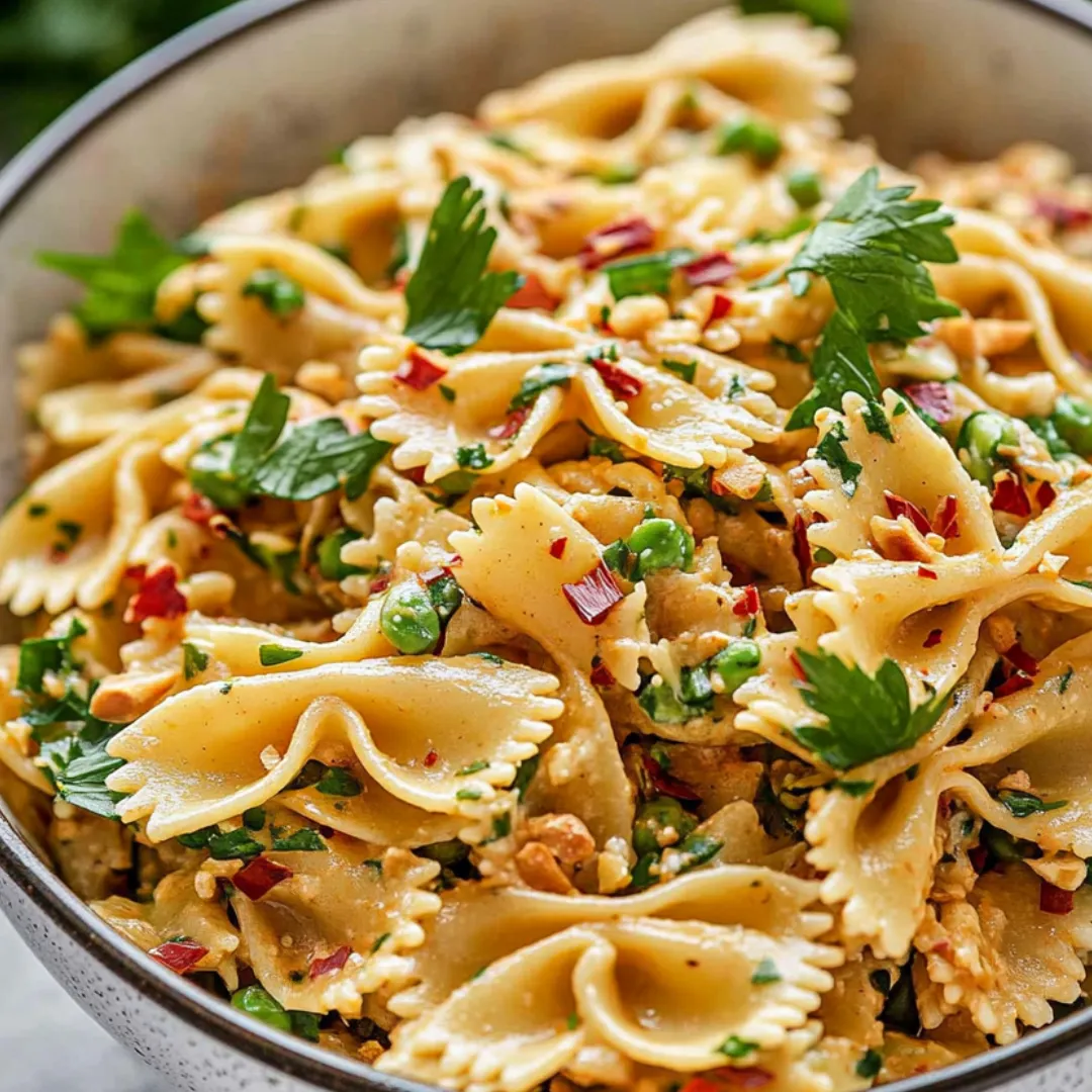 Eine Schüssel Nudeln mit Paprika und frischen Kräutern.
