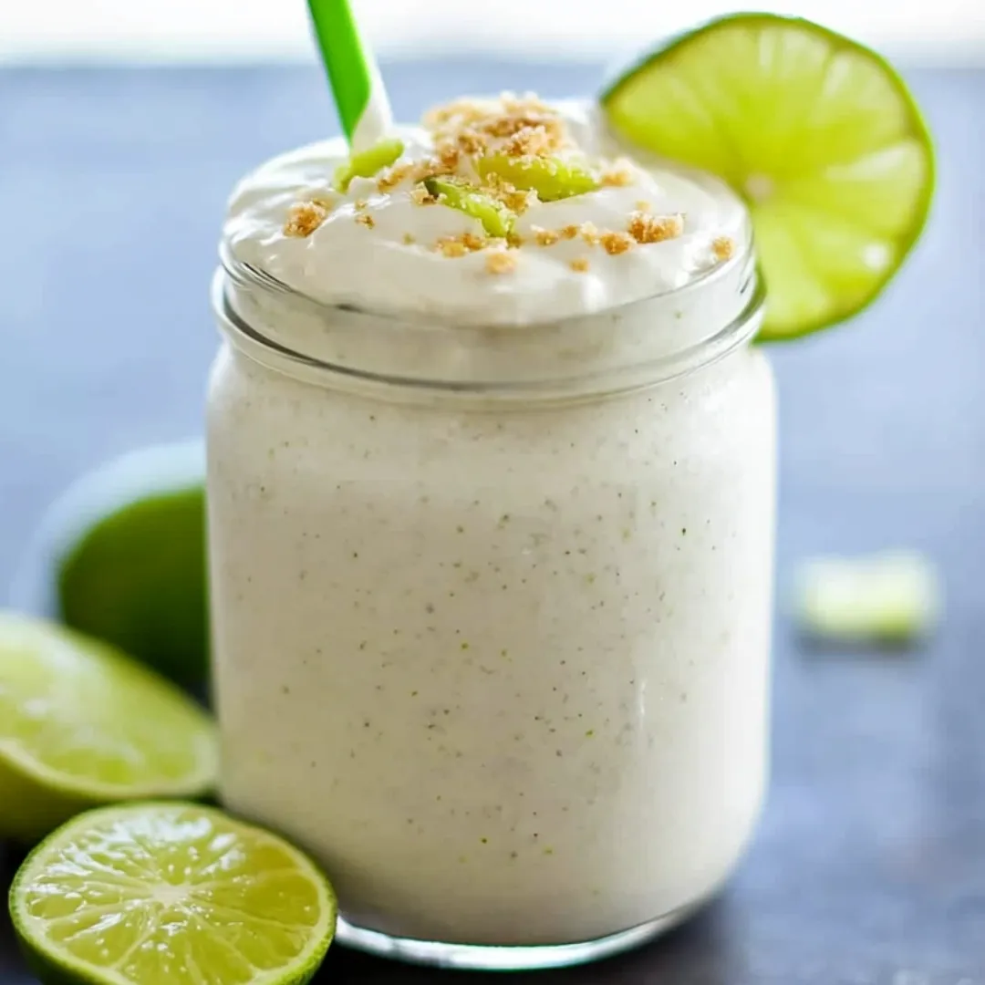 Ein Glas mit hellcremigem Smoothie und Limettenschnitz oben drauf.