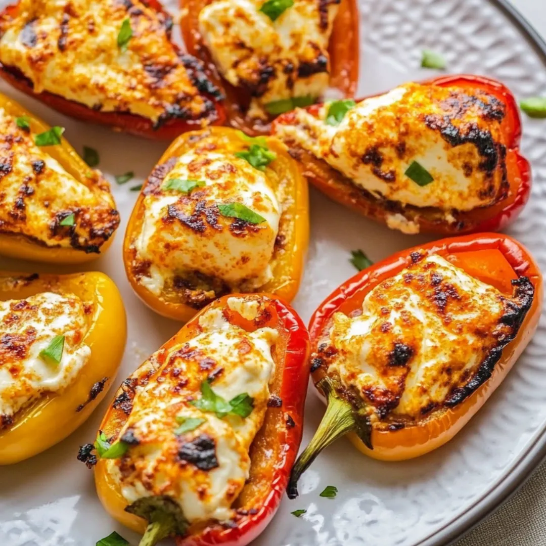 Ein Teller mit gegrillten Käsepaprika.