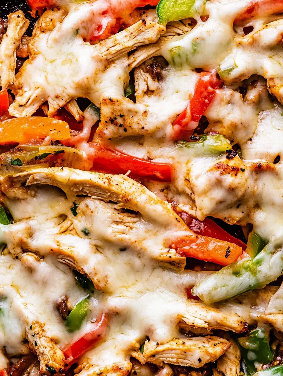 Eine Pizza mit Hähnchen und Paprika.
