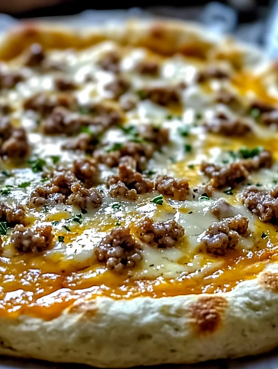 Ein Stück Pizza mit Käse und Wurst.