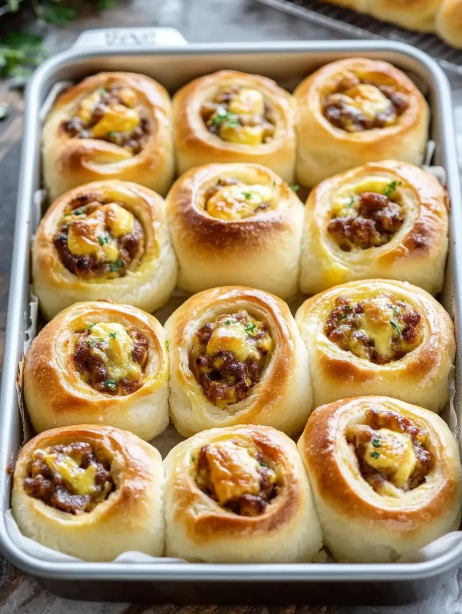 Ein Blech mit herzhaften Rolls, überbacken mit Käse und Fleisch.