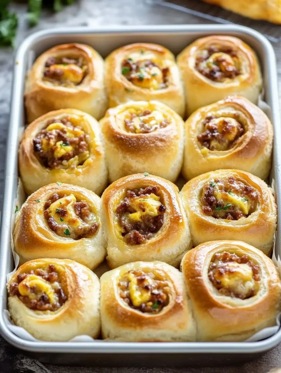Ein Blech mit herzhaften Rolls, überbacken mit Käse und Fleisch.