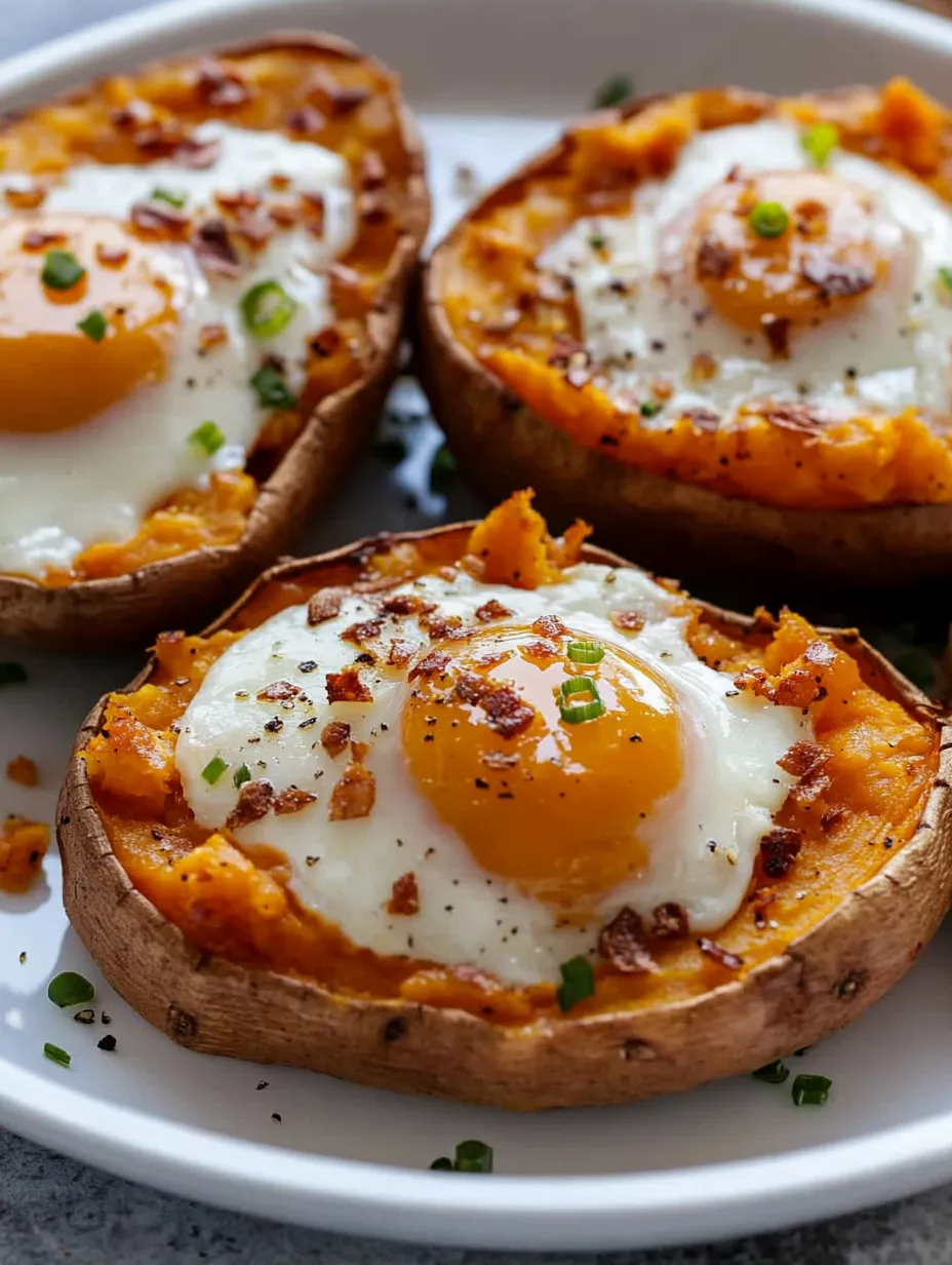 Zwei gebackene Kartoffelhälften mit Ei in der Mitte.