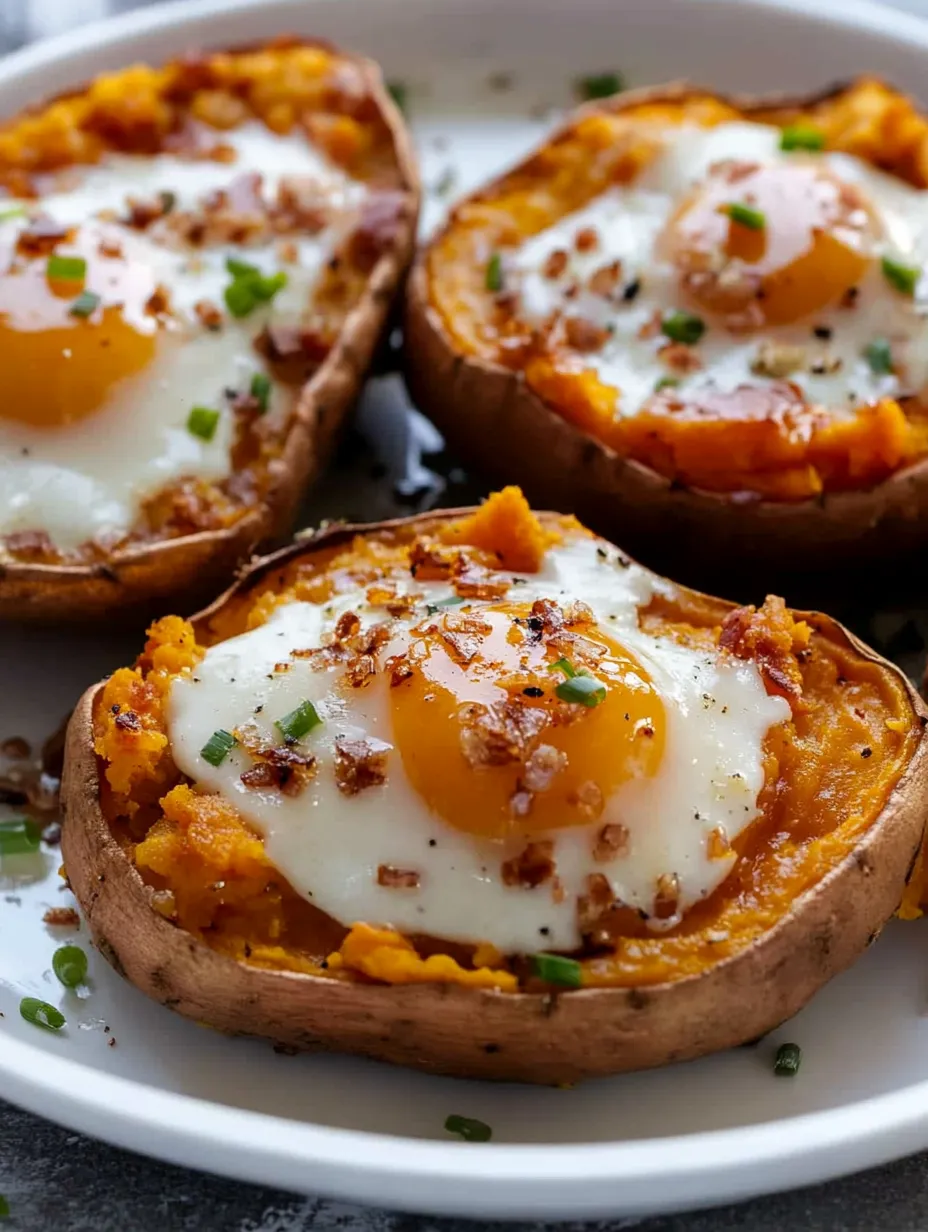 Zwei gebackene Kartoffelhälften mit Ei in der Mitte.
