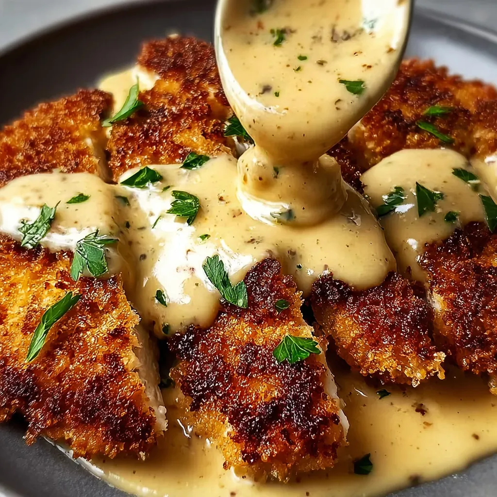 Ein Teller Hähnchen mit cremiger Soße.