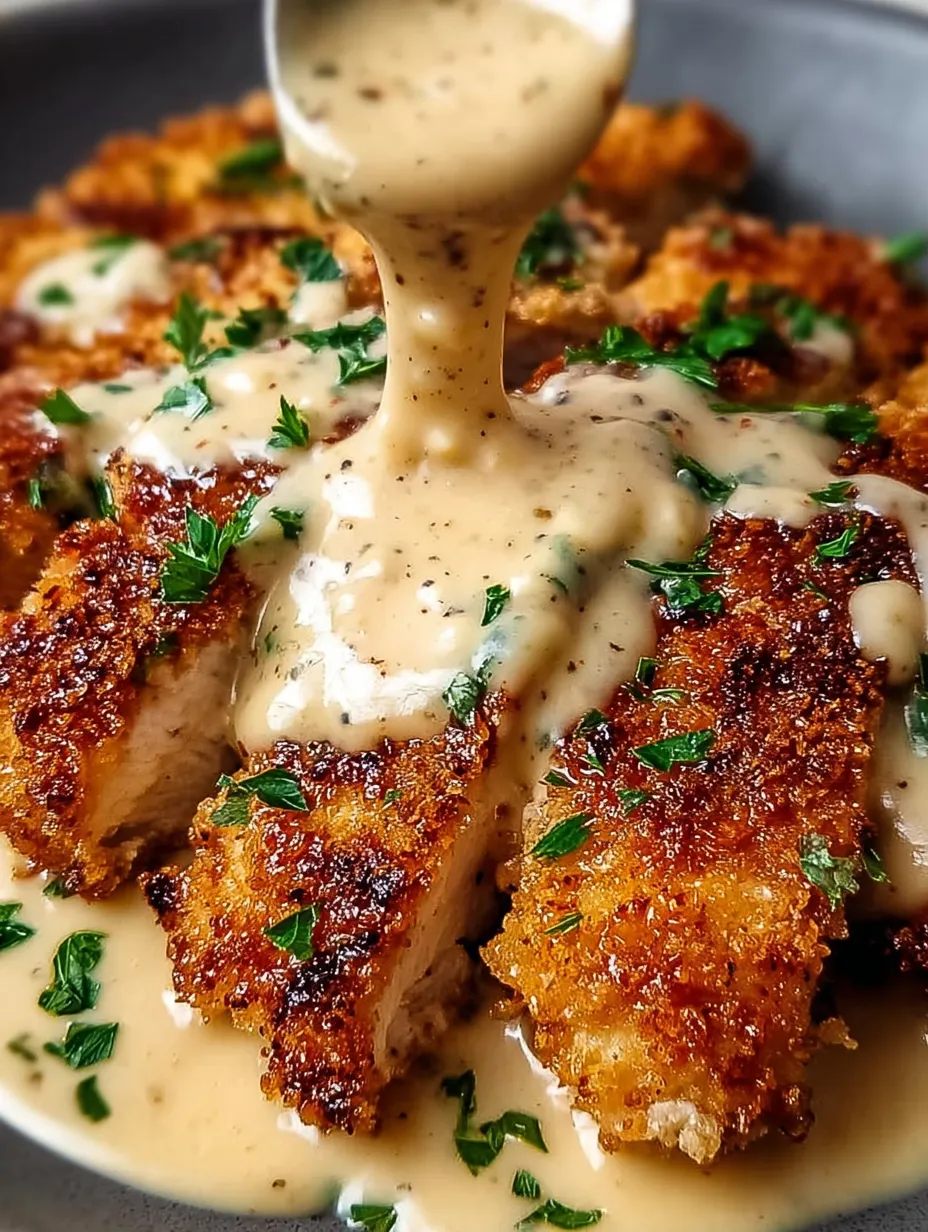 Ein leckeres Stück Hähnchen mit Soße oben drauf.