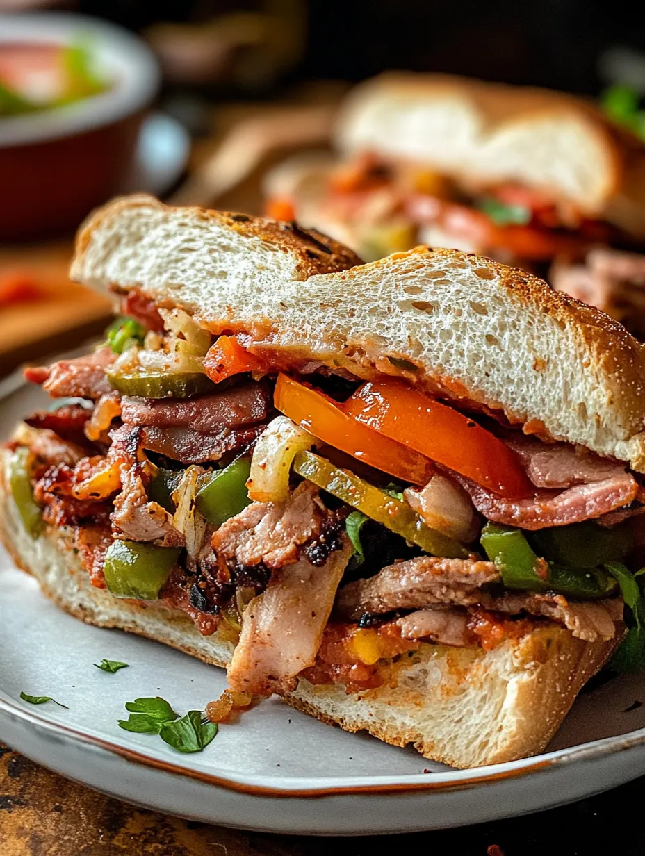 Ein belegtes Sandwich mit Fleisch, Paprika und Tomaten.