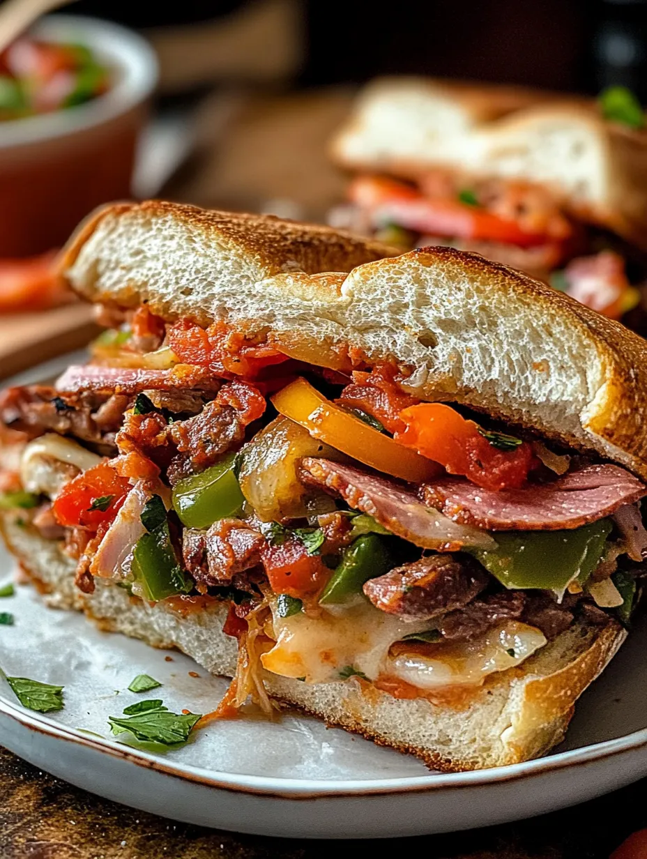 Ein belegtes Sandwich mit Fleisch, Paprika und Tomaten.