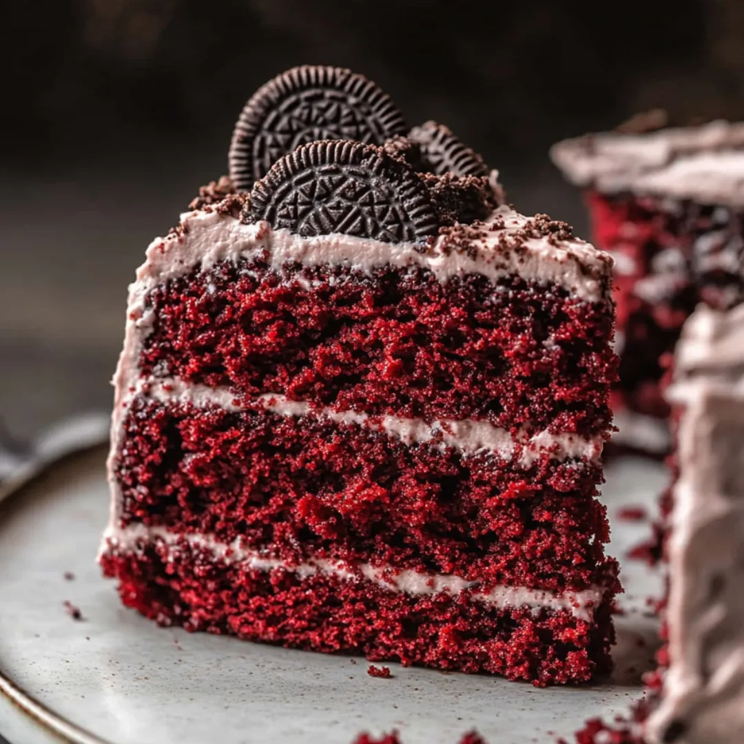 Ein Stück Roter Samtkuchen mit Schokostückchen.