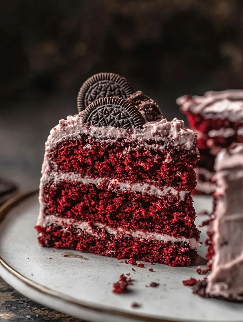 Ein Stück Red Velvet Torte mit Schokokeks obendrauf.