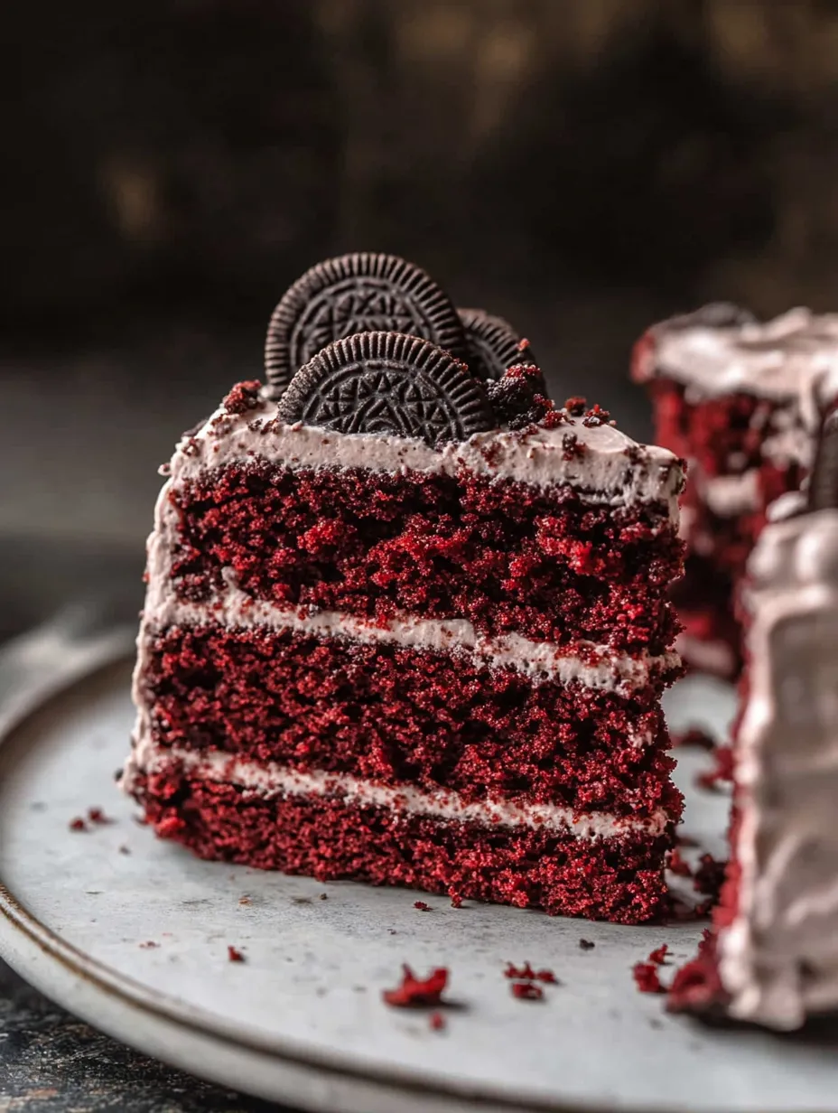 Red Velvet Tortenstück mit Schokoladenkeksen on top.