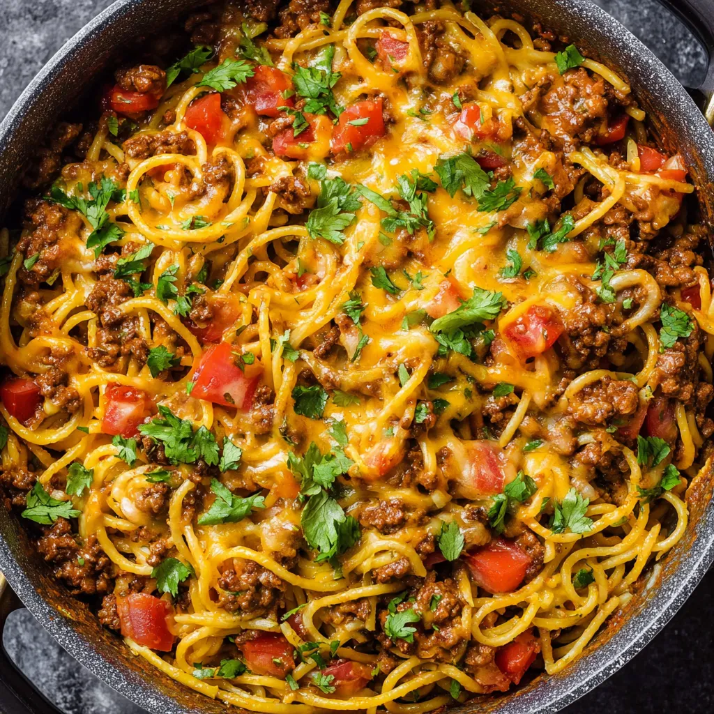 Eine Schüssel Spaghetti mit Hackfleischsauce und Tomaten.