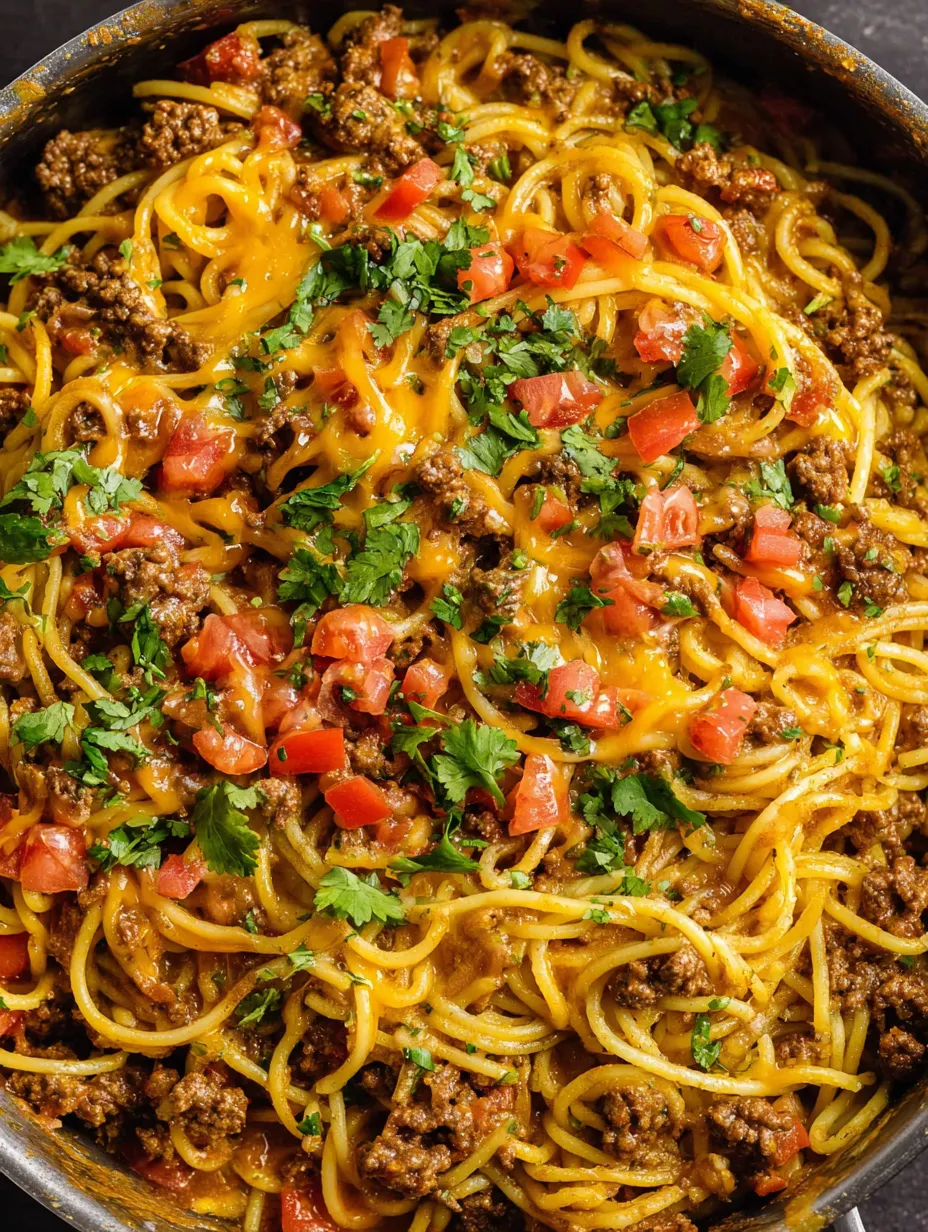 Eine Schüssel Spaghetti mit Fleisch und Tomaten.