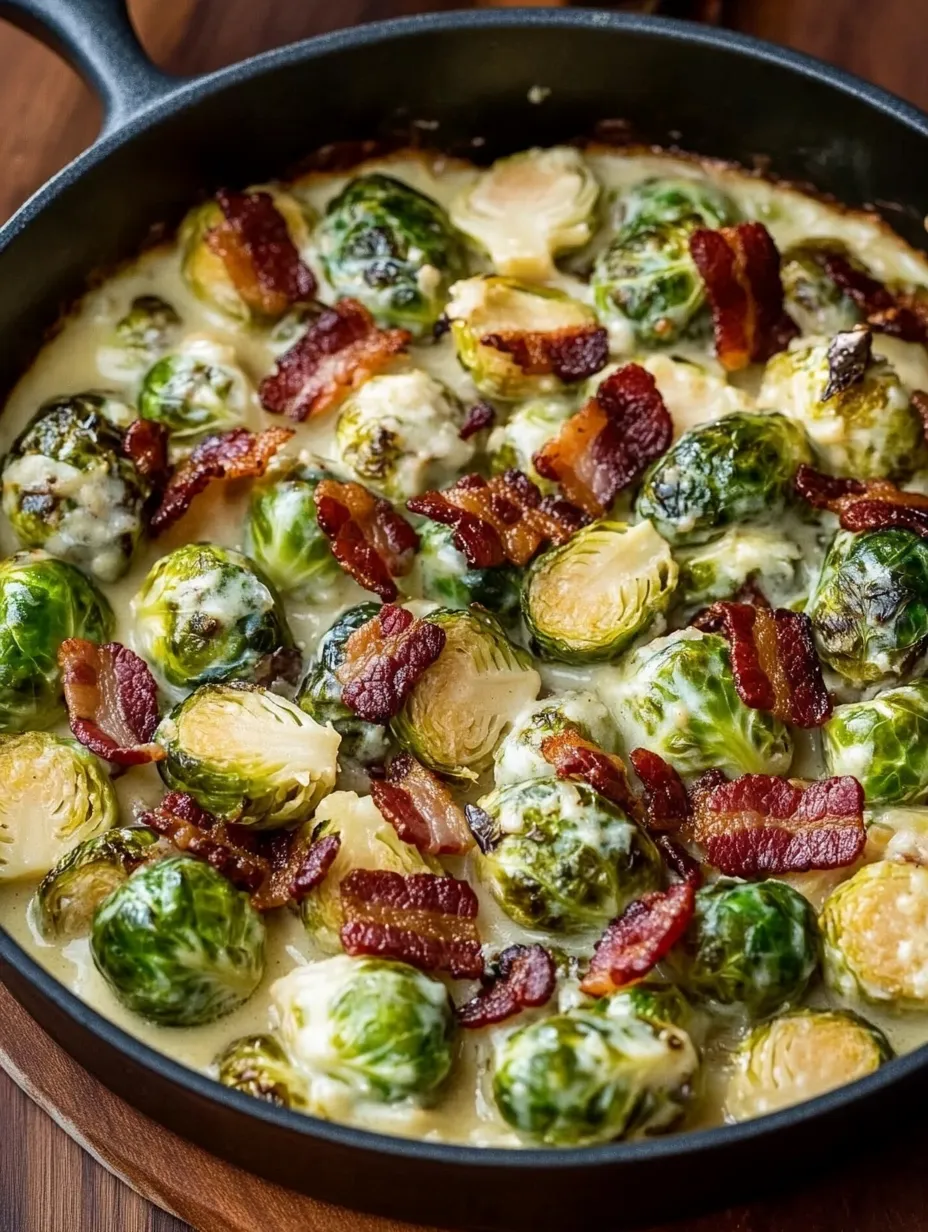 Nahaufnahme mit Bacon und Rosenkohl im Ofengericht.