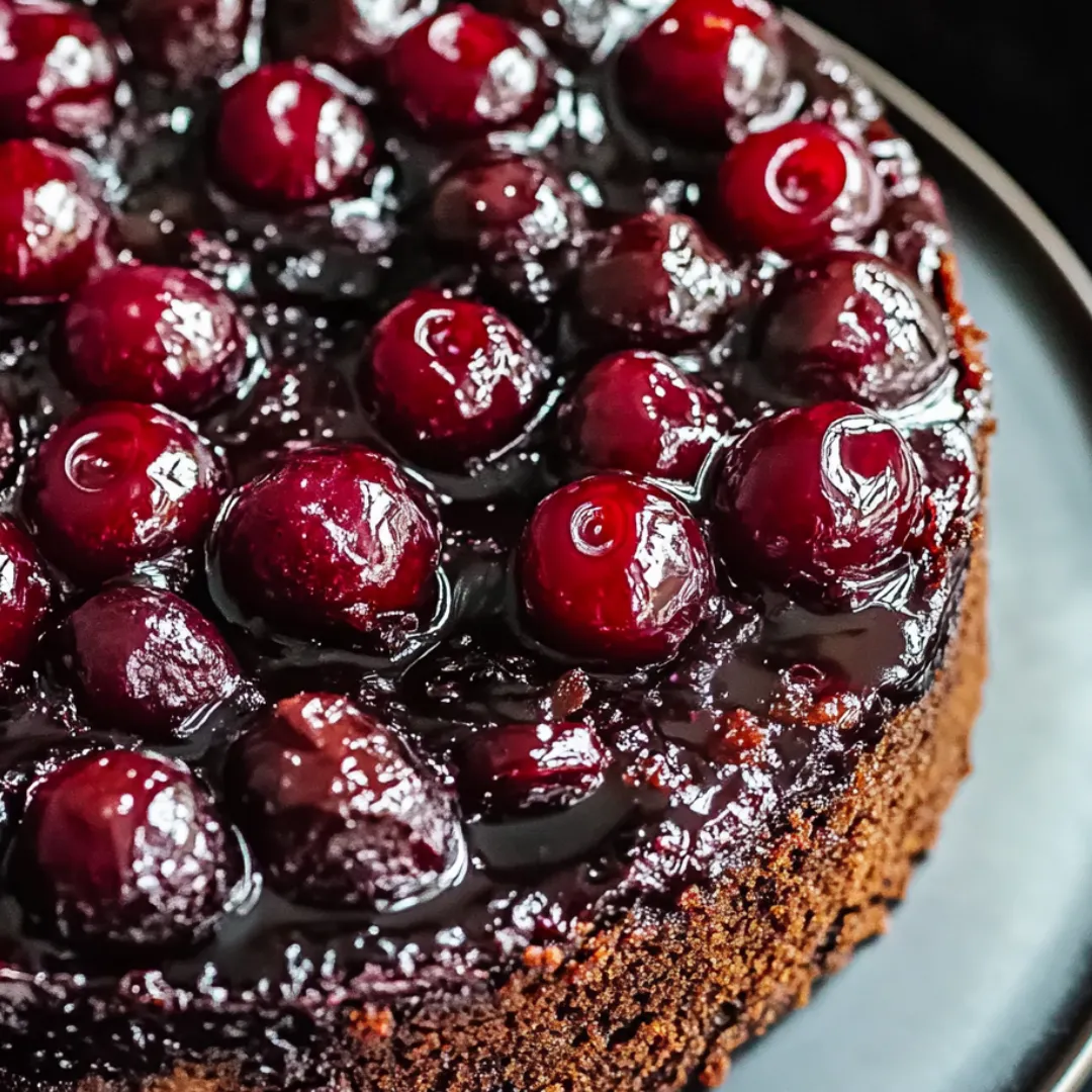 Ein Stück Schokokuchen mit Kirschen oben drauf.