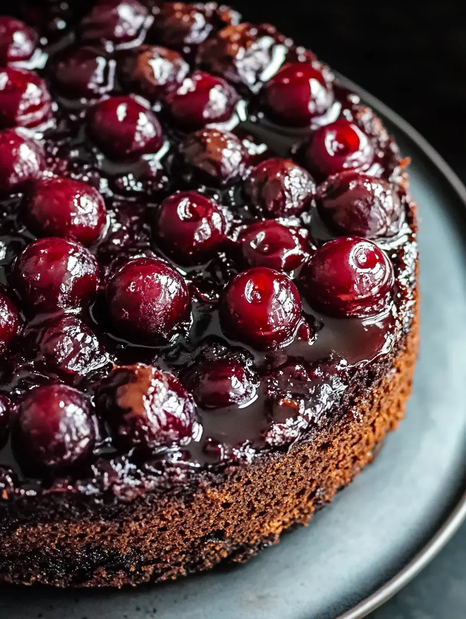 Ein Stück Schokoladenkuchen mit Kirschen obendrauf.