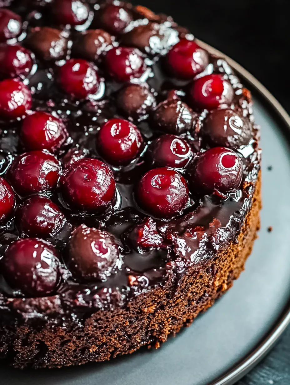Ein Stück Schokoladenkuchen mit Kirschen obendrauf.