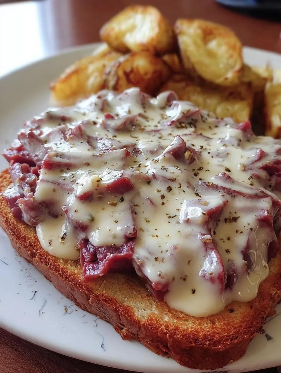 Ein Teller mit Brot, Fleisch und geschmolzenem Käse.