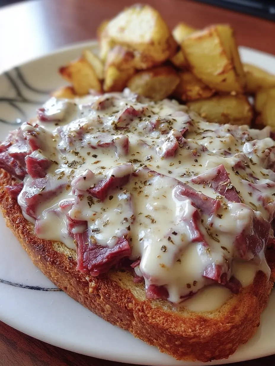 Brot mit Fleisch und Kartoffeln auf einem Frühstücksteller.