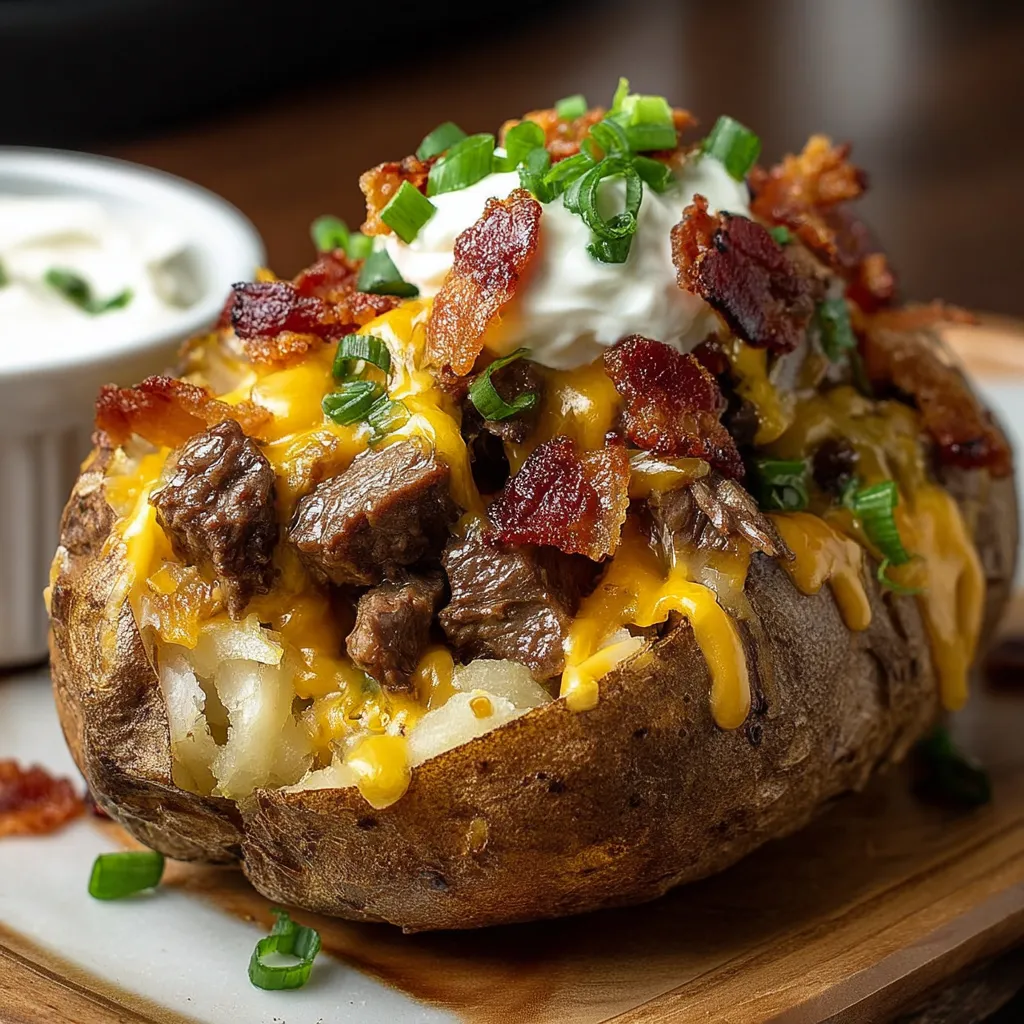 Nahaufnahme einer Kartoffel mit Speck und Käse.