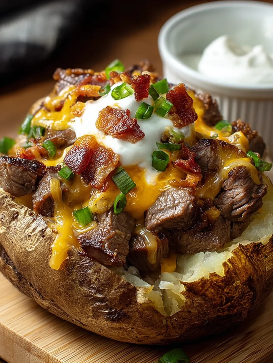 Nahaufnahme von einer Kartoffel mit Bacon und zerlaufenem Käse gefüllt.
