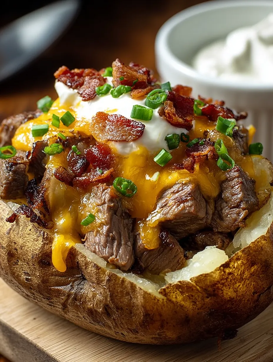 Kartoffel mit Steak, das mit Bacon umwickelt wurde – ganz nah dran.