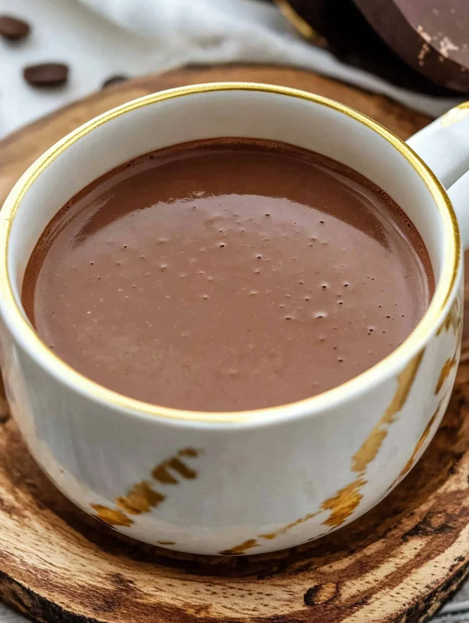 Tasse heiße Schokolade mit goldener Verzierung.