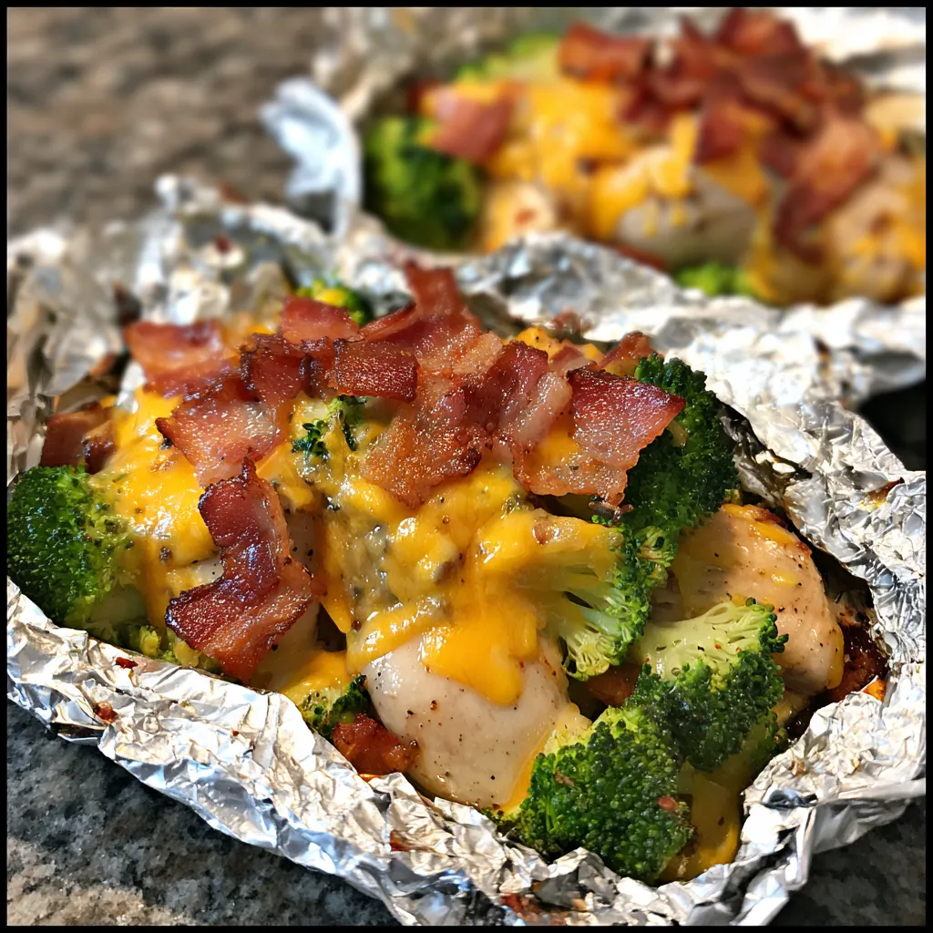 Ofenpäckchen mit Hähnchen, Bacon und Brokkoli Abendessen.