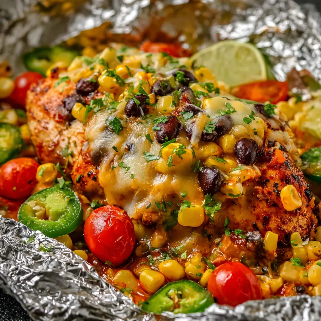Ein Hähnchen-Gemüse-Gericht in Folie mit Mais, Tomaten und Paprika.